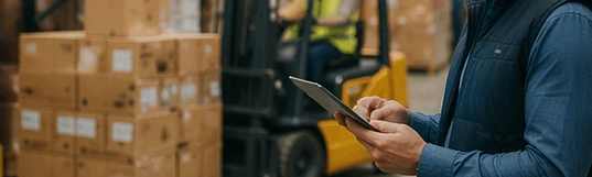 Warehouse worker managing bulk inventory and orders using a tablet in a large storage facility