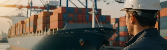 Shipping operations at a port with cargo containers and a manager tracking global shipments