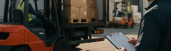 Logistics worker coordinating shipments and deliveries at a warehouse loading dock