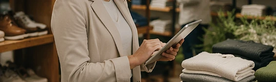 Retail store staff managing inventory and sales using a digital system in a modern shop